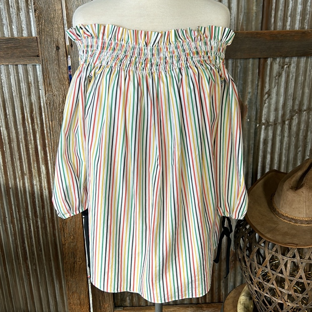 πΊ Caroline Constas cotton striped ruffled neckline shirt size small - Picture 2 of 8